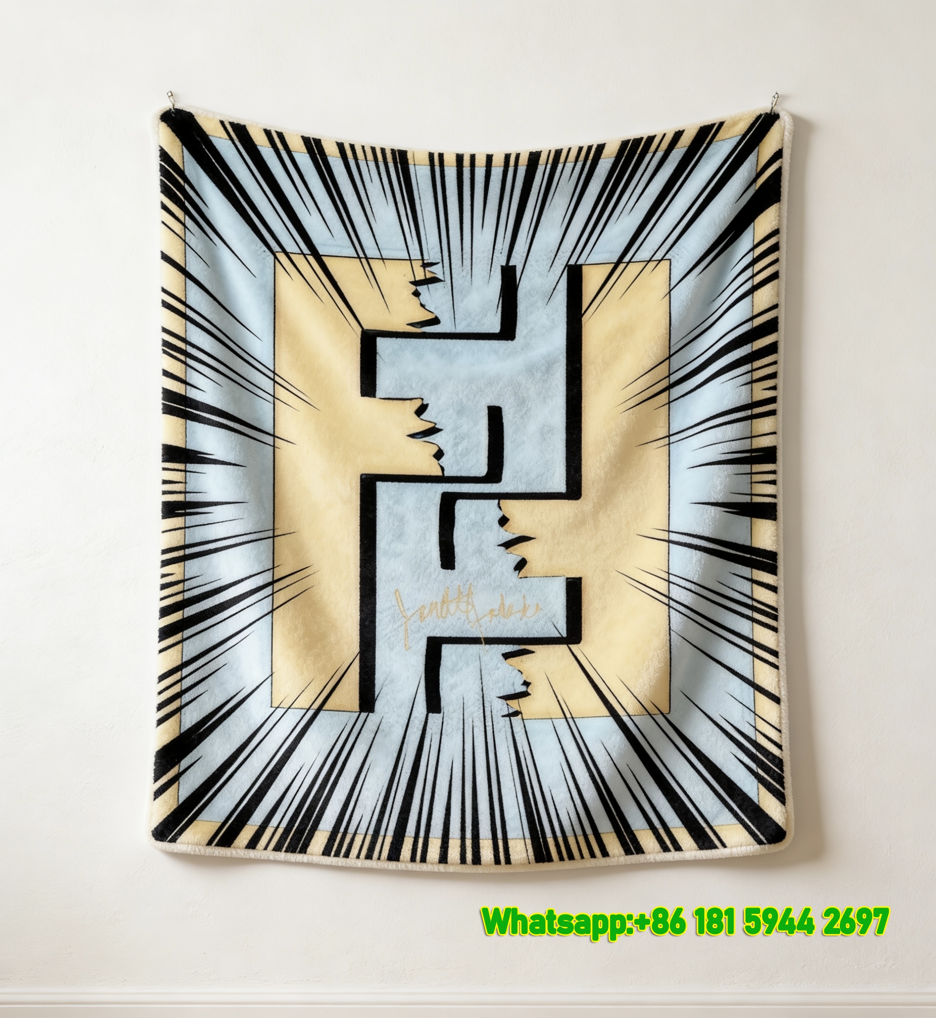 Fendi Yellow Light Blue Comic FF Monogram Flannel Sofa Throw Blanket Wall Decor IMG_9527